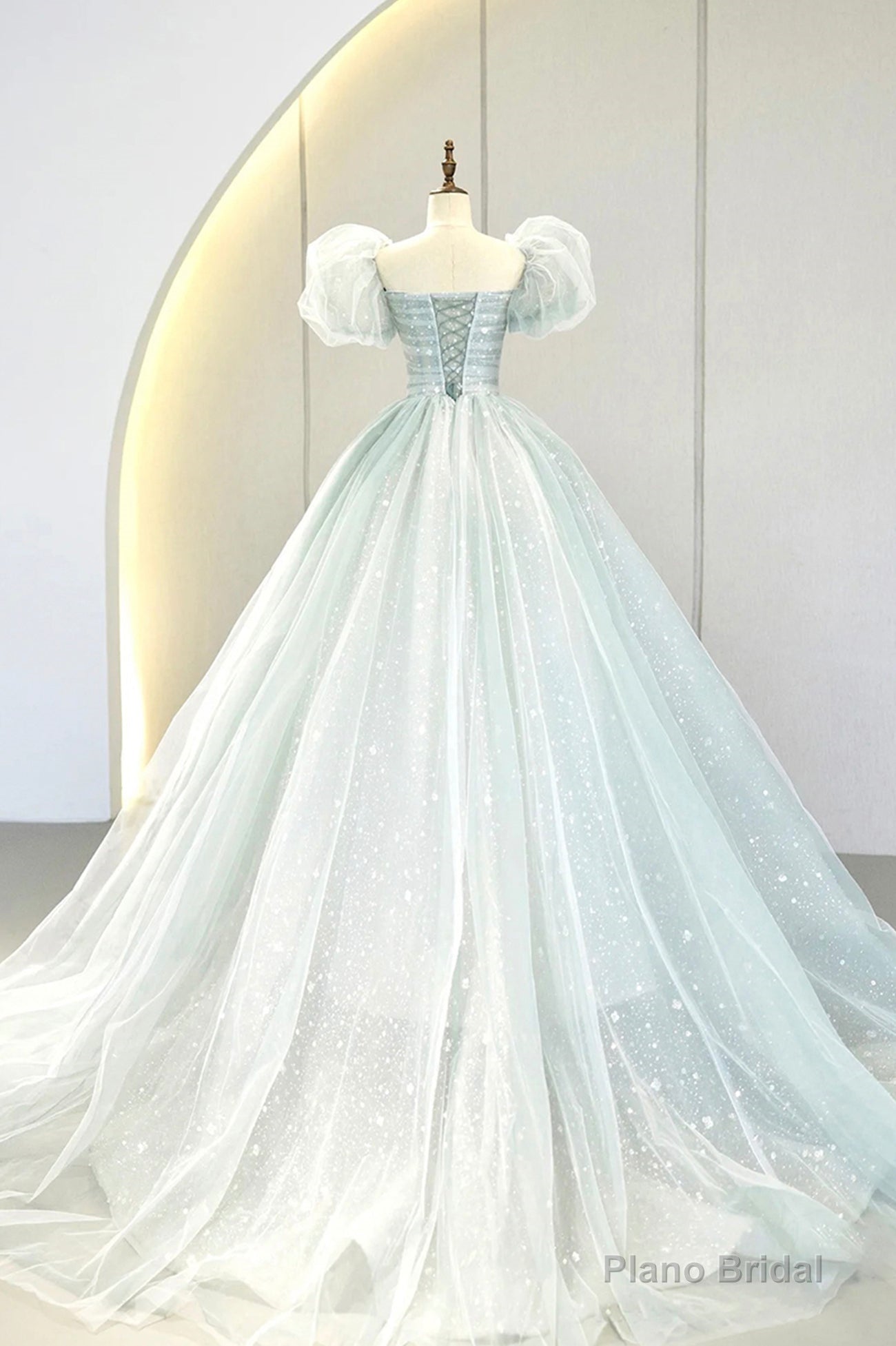 Lovely Puff Sleeve Tulle Formal Evening Gown, A-Line Long Prom Dress