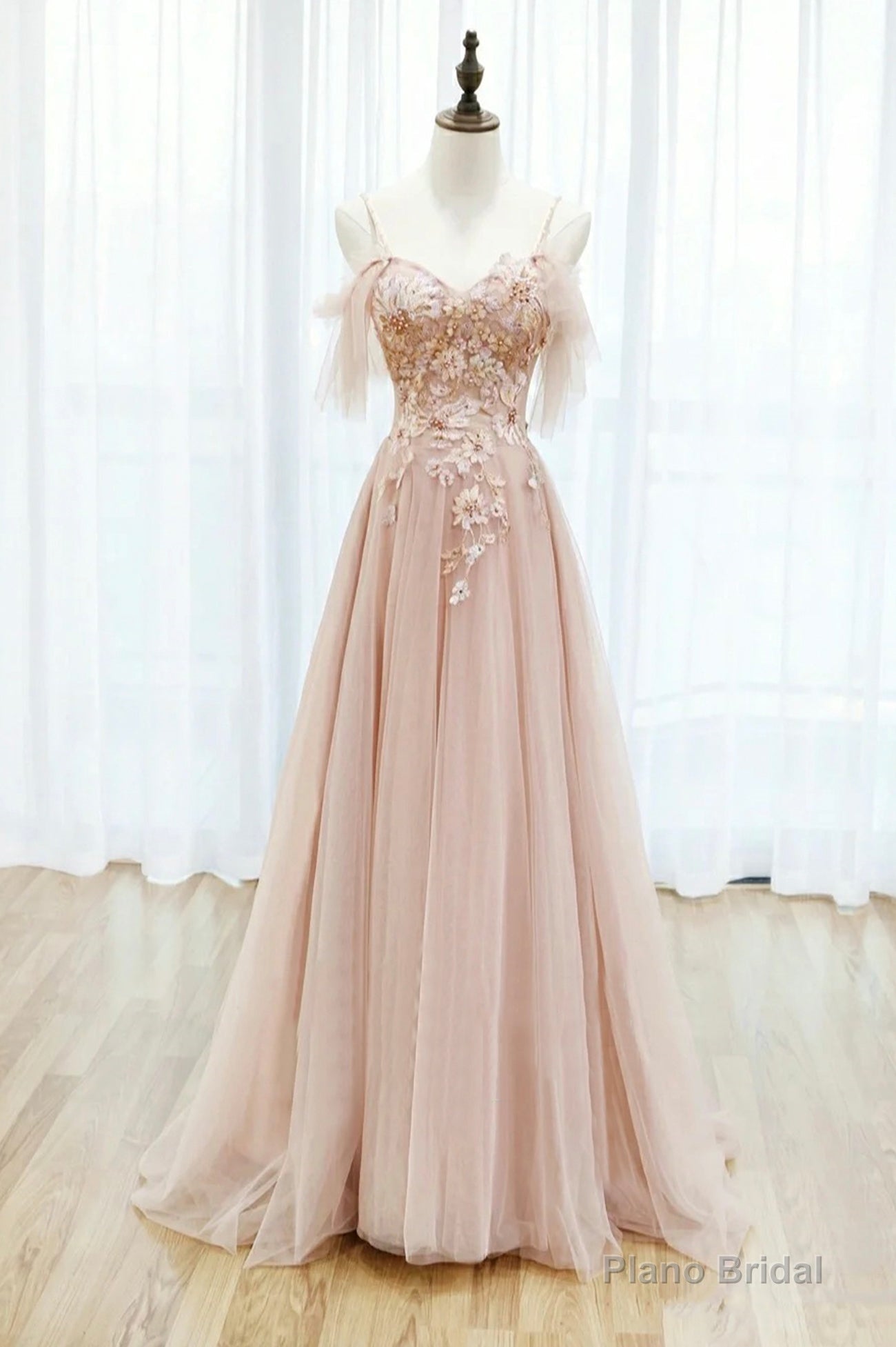 Pink Tulle Lace Long A-Line Prom Dress, Spaghetti Strap Formal Evening Dress Main image