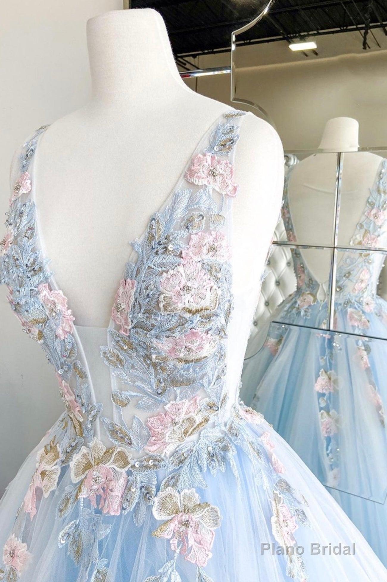 Blue V-Neck Tulle Lace Long Prom Dresses, Elegant Blue Formal Dresses Secondary image