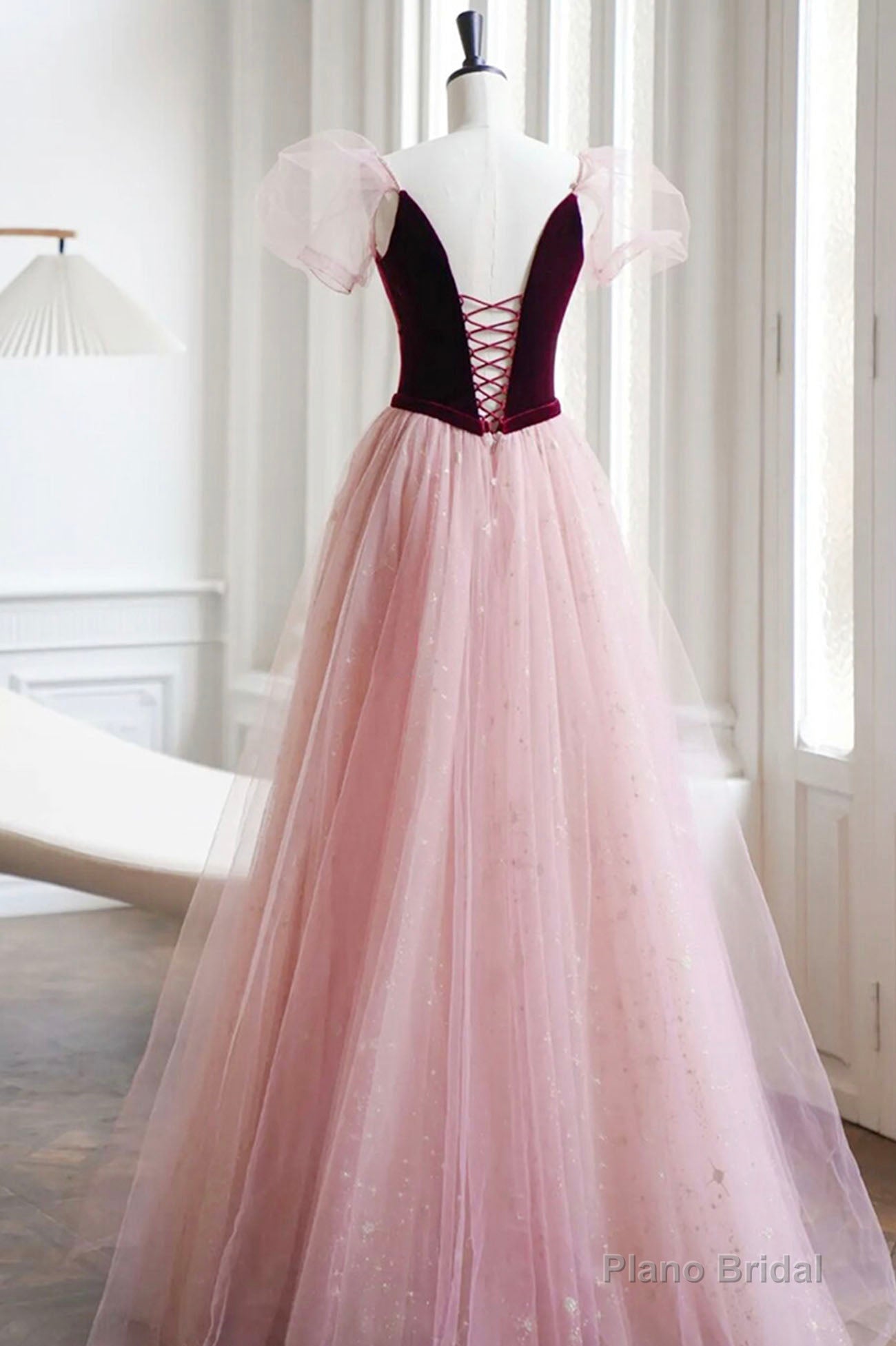 Burgundy Velvet and Pink Tulle Long A-Line Prom Dress, Lovely Party Dress Main image