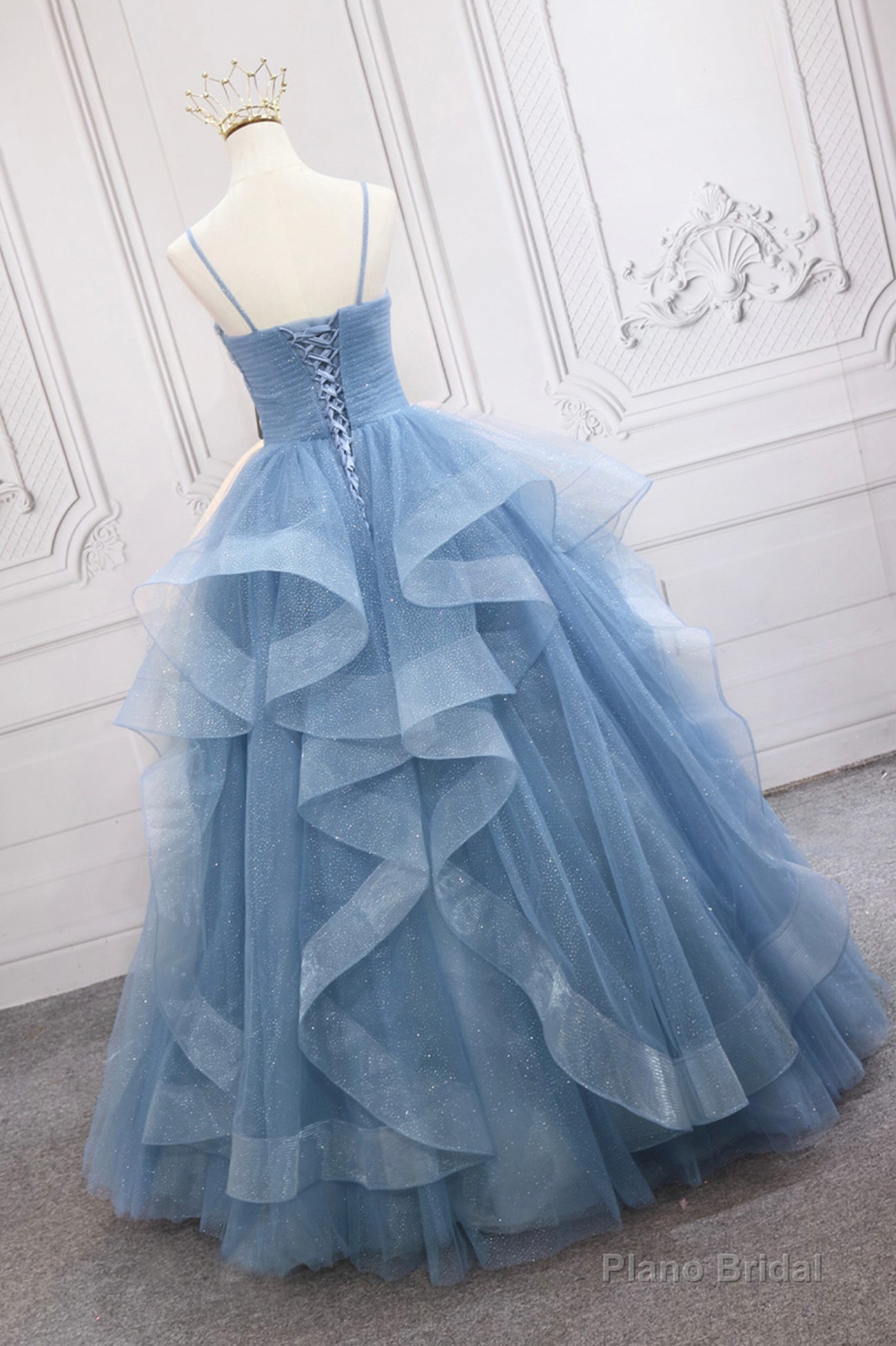 Blue V-Neck Tulle Long Formal Gown, A-Line Blue Evening Dress Main image