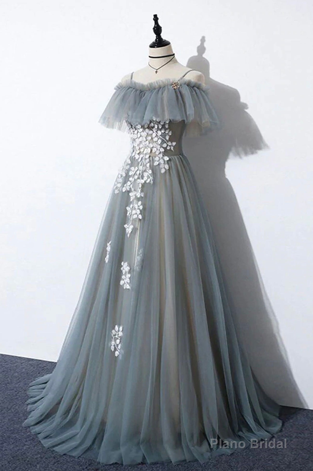 Gray Tulle Lace Long Prom Dress, A-Line Evening Dress