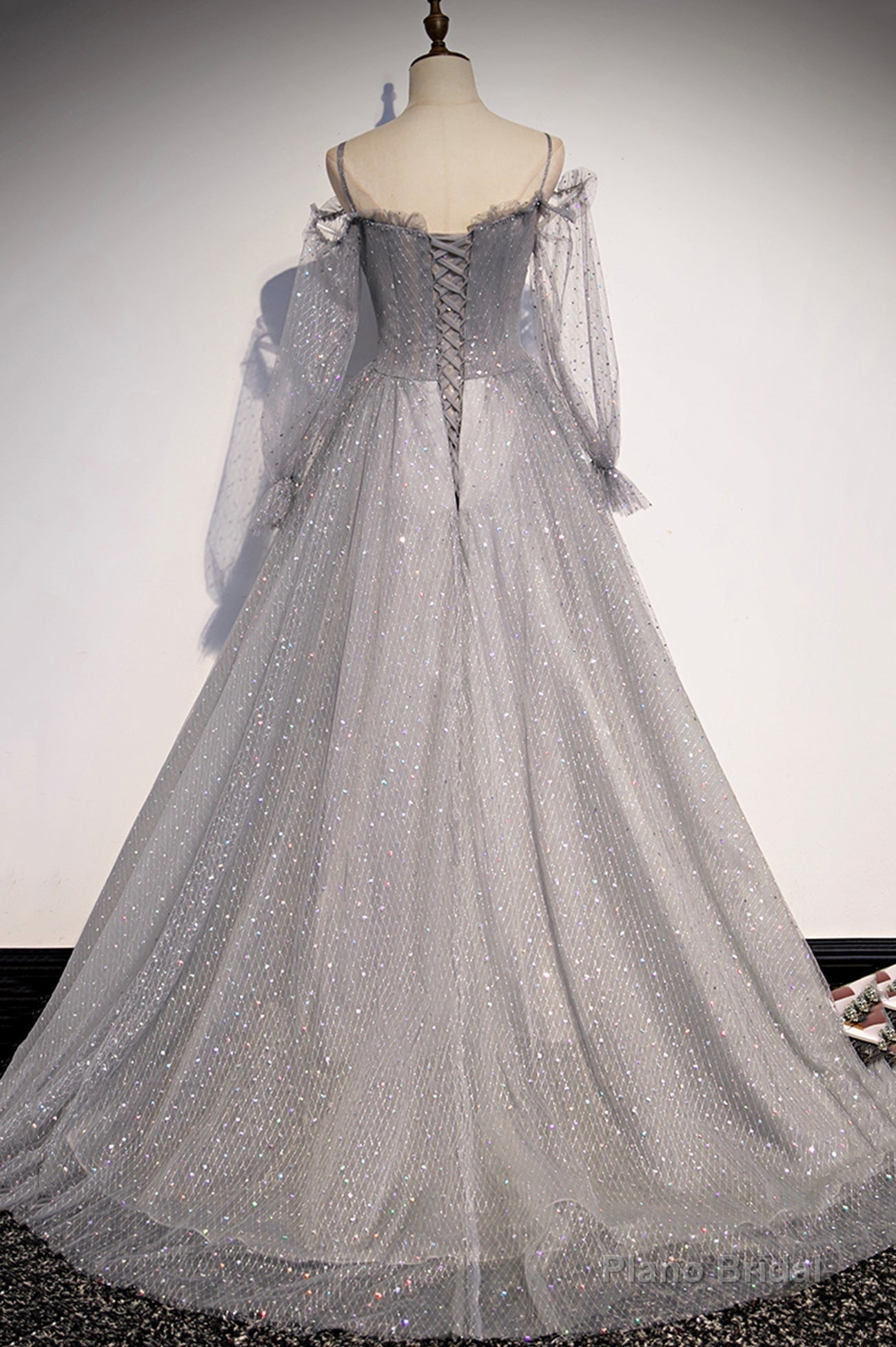 Gray Tulle Sequins Long Prom Dress, Long Sleeve Evening Dress Secondary image