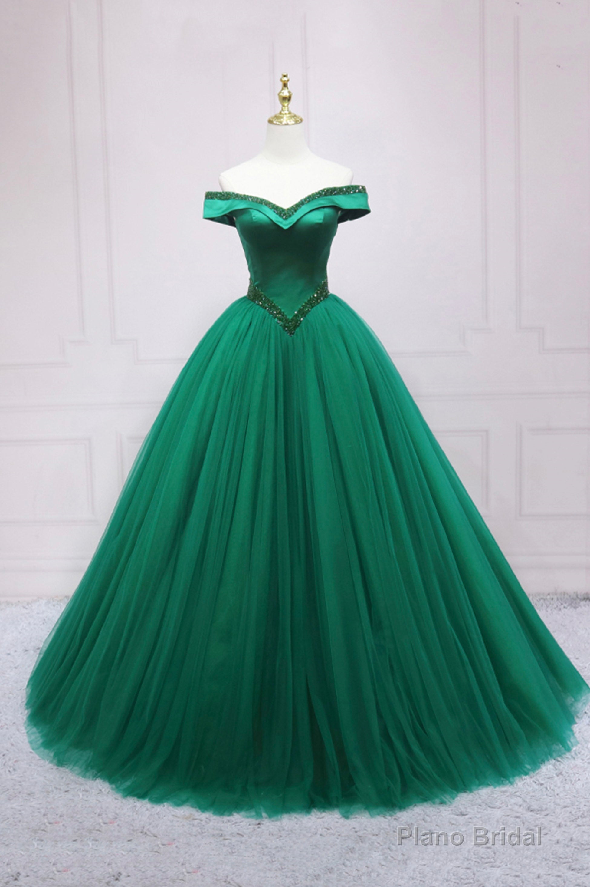 Green Tulle Long A-Line Ball Gown, Off the Shoulder Evening Dress Main image