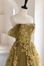 Green Tulle Long Prom Dresses, A-Line Off the Shoulder Evening Dresses