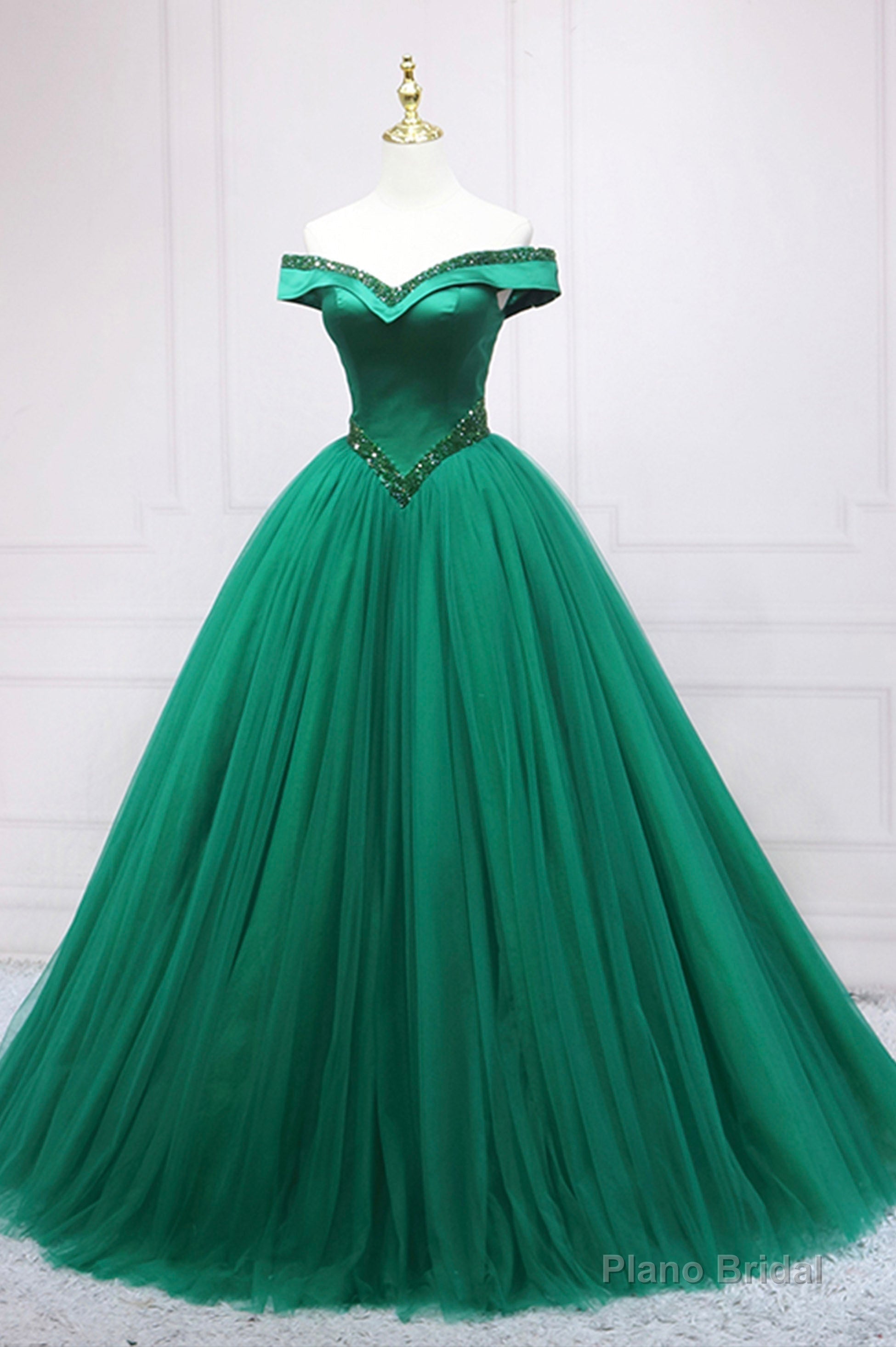 Green Tulle Long A-Line Ball Gown, Off the Shoulder Evening Dress Secondary image
