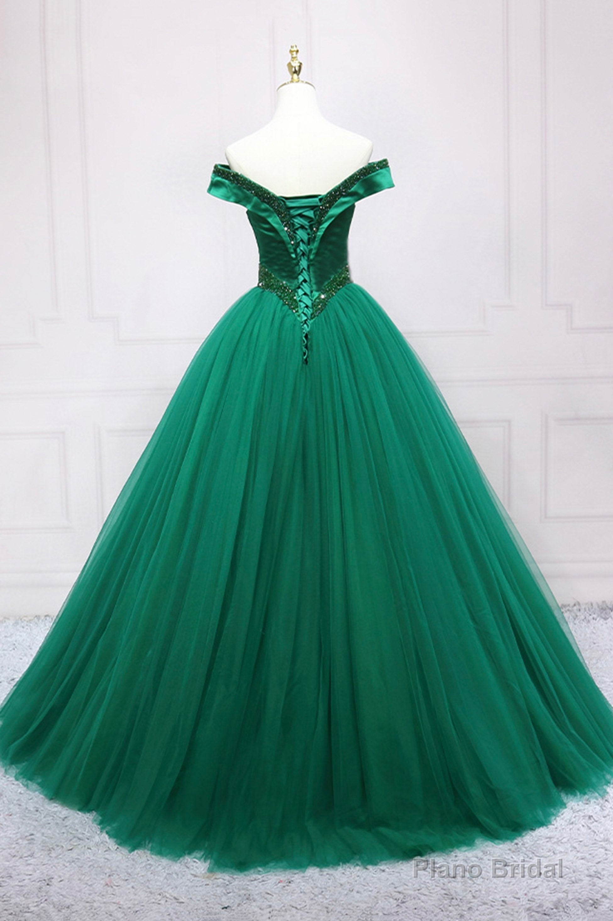Green Tulle Long A-Line Ball Gown, Off the Shoulder Evening Dress