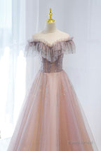 Pink Tulle Beaded Long Formal Dress, Pink V-Neck Prom Dress
