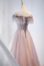 Pink Tulle Beaded Long Formal Dress, Pink V-Neck Prom Dress