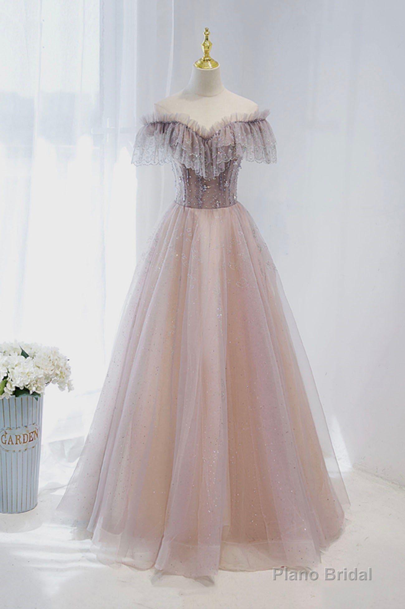 Pink Tulle Beaded Long Formal Dress, Pink V-Neck Prom Dress Main image