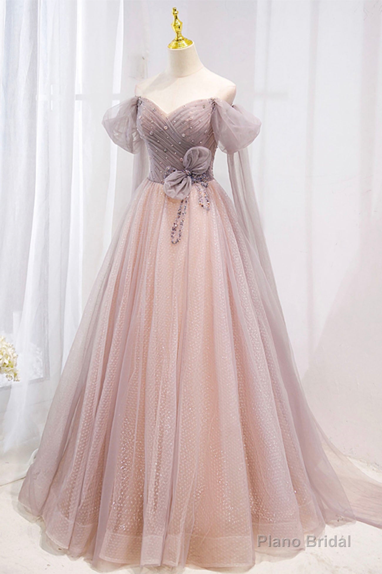 Pink Tulle Beaded Long Prom Dress, Off the Shoulder Evening Dress Secondary image