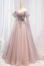 Pink Tulle Beaded Long Prom Dress, Off the Shoulder Evening Dress