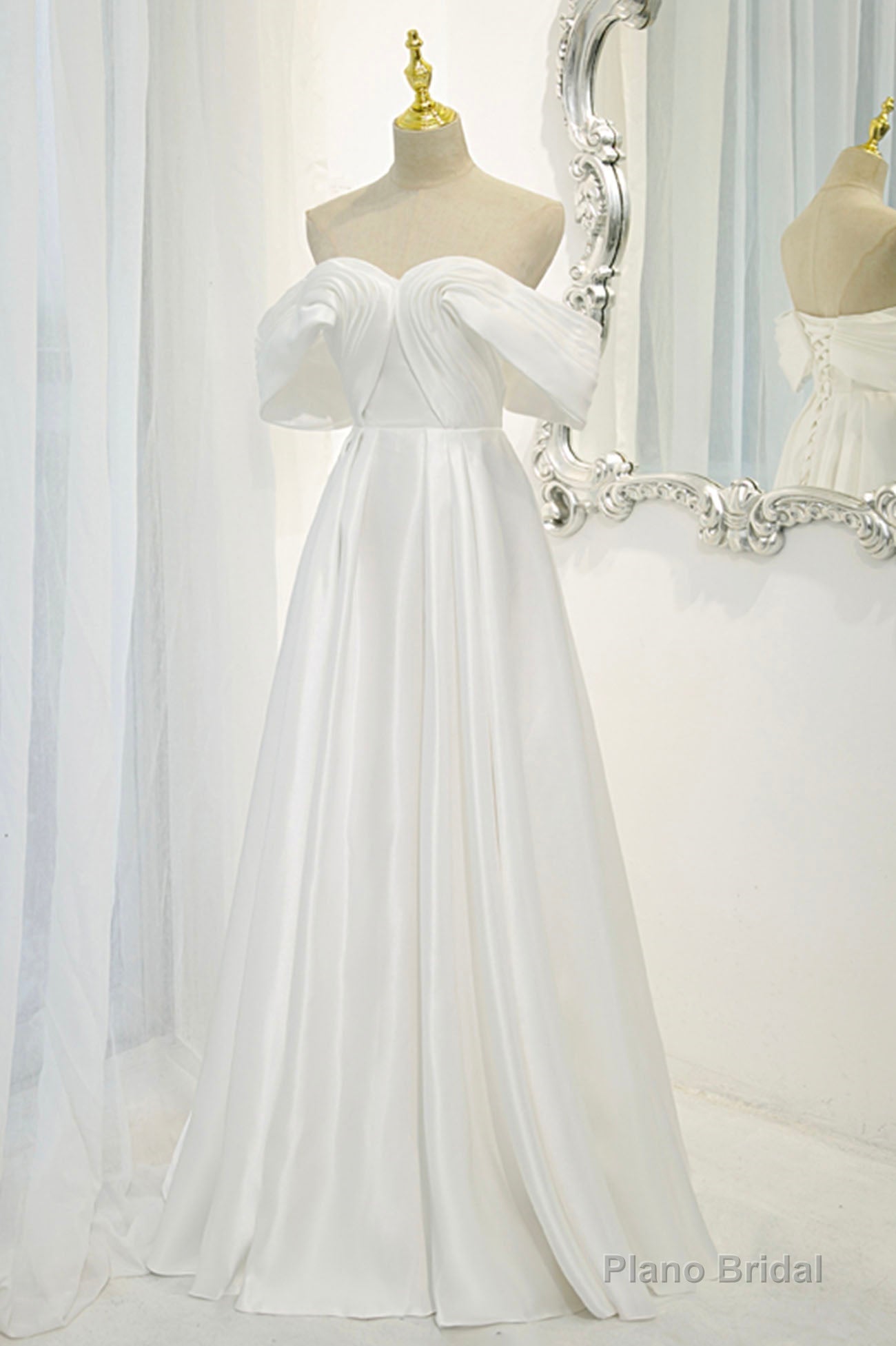 White Satin Long Prom Dress, Off the Shoulder Evening Dress Secondary image