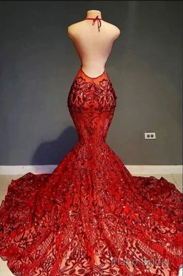 Red Halter Mermaid Prom Dress With Sequins Lace Secondary image