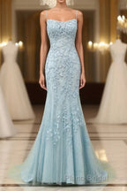 Mermaid Blue Long Formal Prom Dress Backless Evening Dress