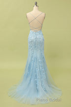 Mermaid Blue Long Formal Prom Dress Backless Evening Dress