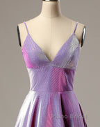 A-Line Long Formal Prom Dresses Spaghetti Straps Lilac Evening Dresses