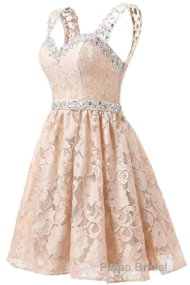 Gorgeous A Line Straps Knee Length Lace With Beading Homecoming Dresses