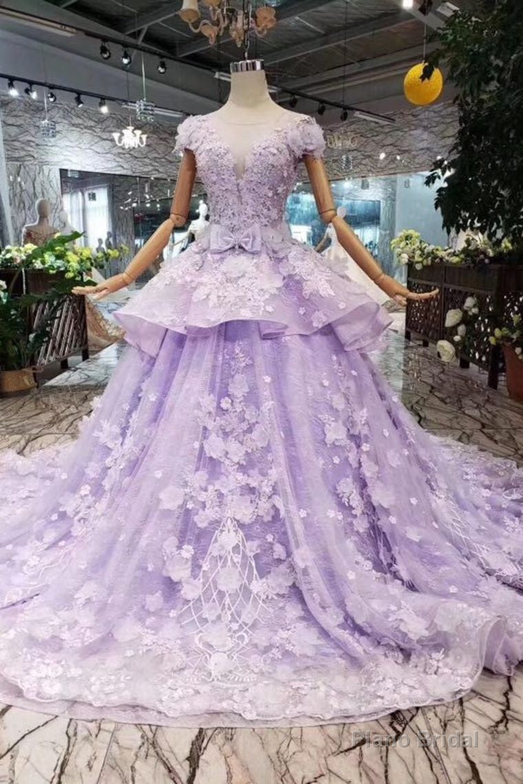 Lilac Ball Gown Short Sleeve Prom Dresses with Long Train, Gorgeous Quinceanera Dress Main image