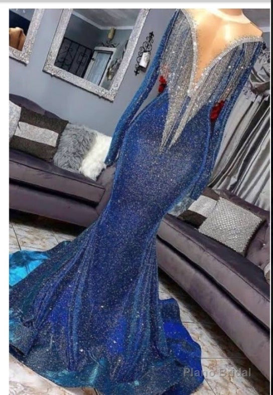 2025 Sexy Long Sleeve Mermaid V Neck Royal Blue Long Prom Dresses Main image