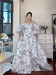 Bubble Sleeves A-line Prom Dresses, Elegant Floral Long Prom Dresses, Popular Wedding Guest Dresses