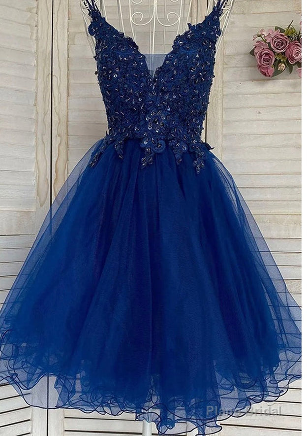 A-line V Neck Sleeveless Tulle Short/Mini Homecoming Dress With Appliqued Beading Sequins Main image