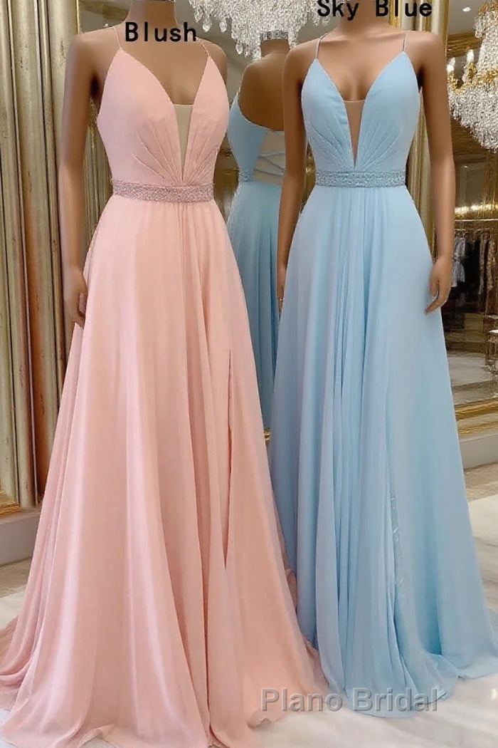 A-line V Neck Sleeveless Chiffon Sweep Train Formal Prom Dresses With Beading Pleated Main image