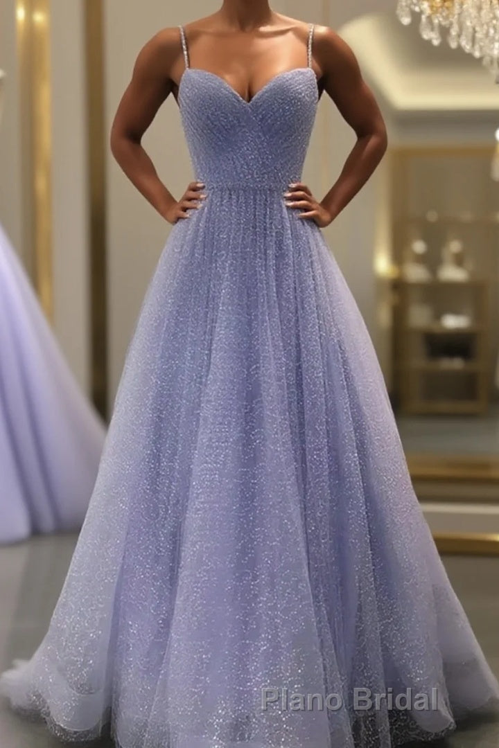 Lavender Formal Prom Dresses, A-line V Neck Spaghetti Straps Long/Floor-Length Tulle Formal Prom Dresses With Beading Sequins Main image