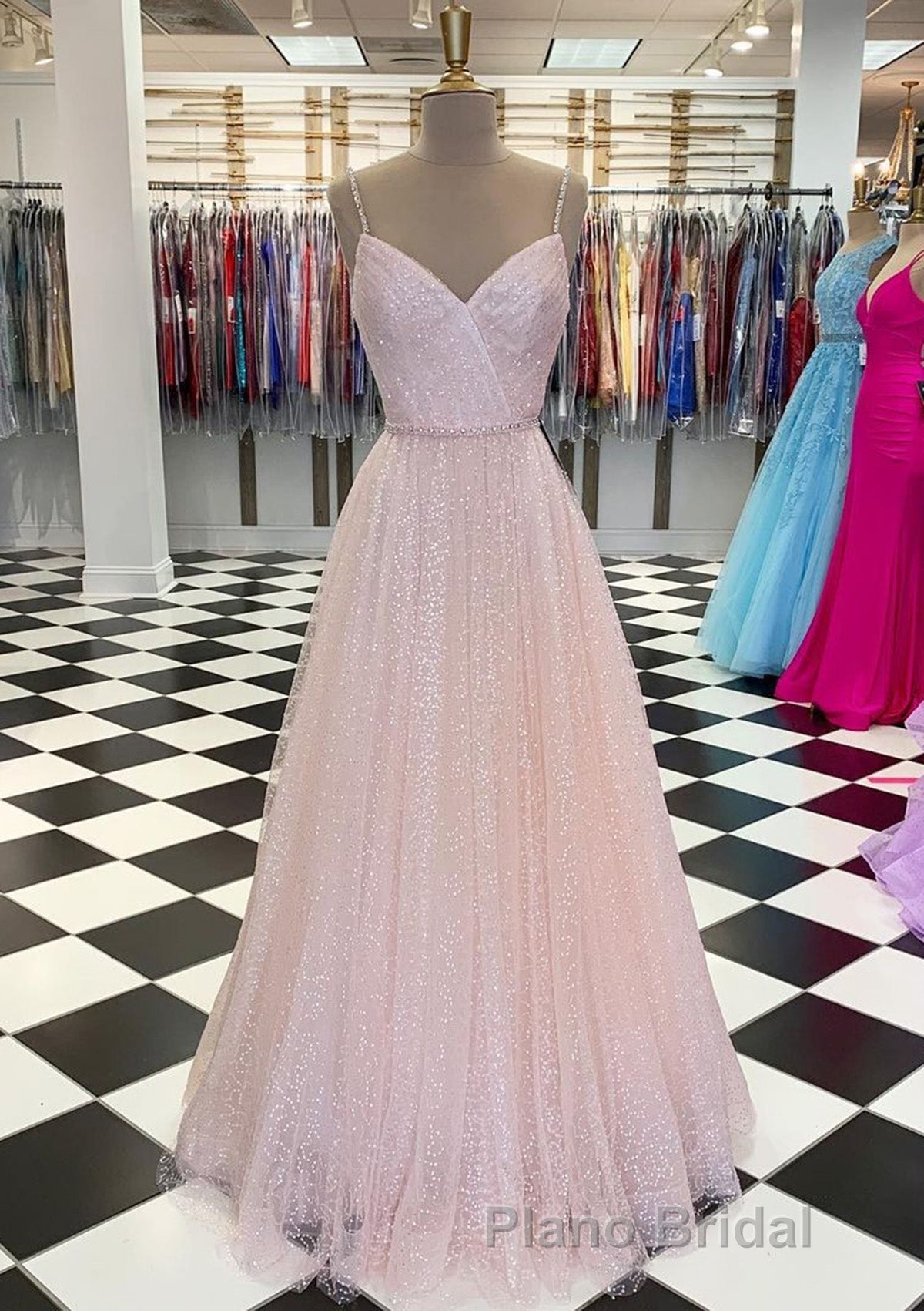 Lavender Formal Prom Dresses, A-line V Neck Spaghetti Straps Long/Floor-Length Tulle Formal Prom Dresses With Beading Sequins