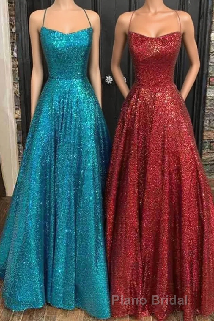 Fantasy Formal Prom Dresses, Princess A-line Bateau Sleeveless Sequined Long/Floor-Length Formal Prom Dresses