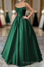 Green Satin Lace-Up Long Prom Dresses, Green Satin Long Formal Prom Dresses Evening Dresses