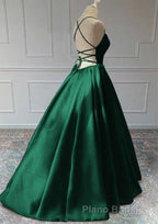 Green Satin Lace-Up Long Prom Dresses, Green Satin Long Formal Prom Dresses Evening Dresses