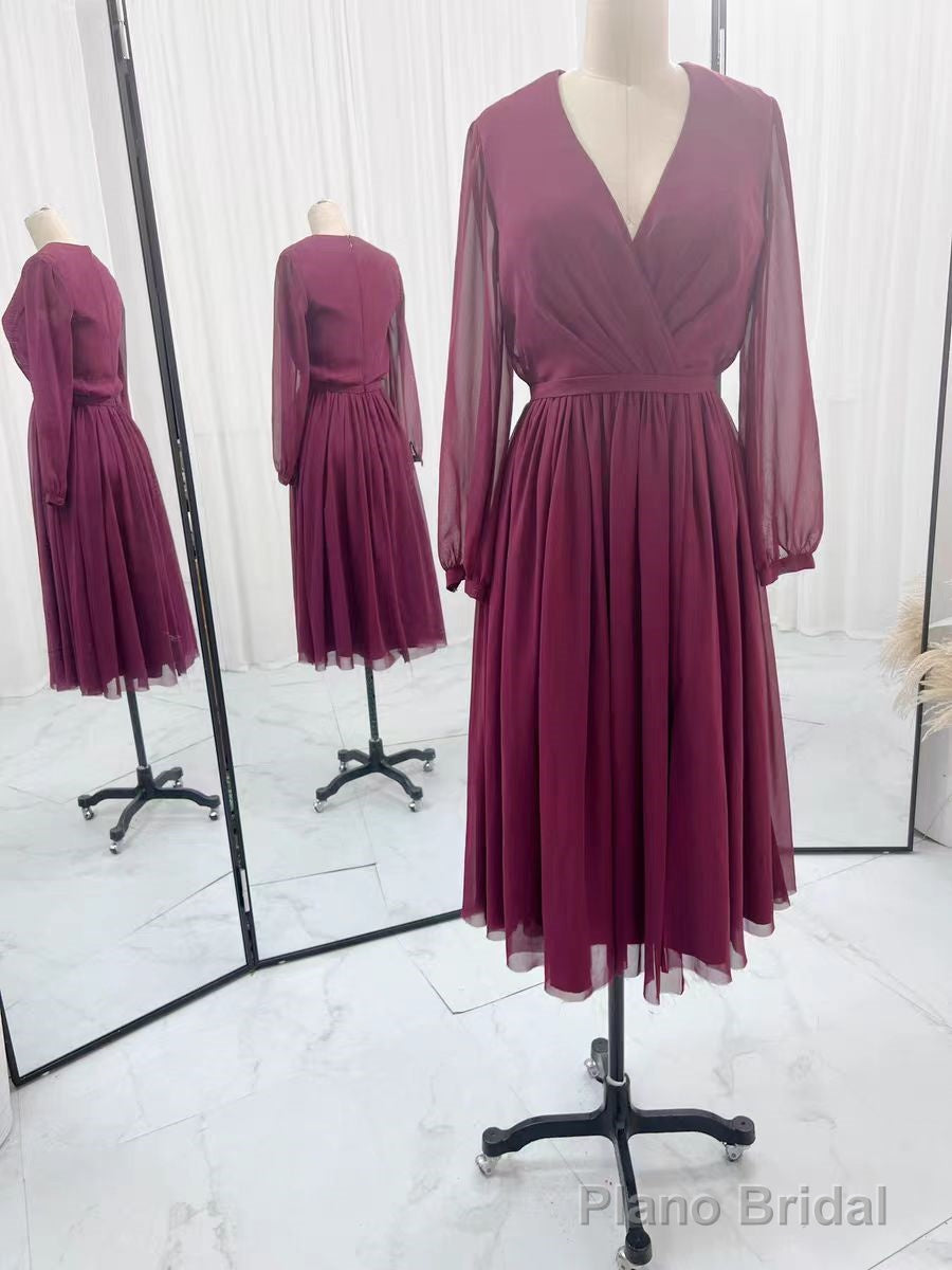 Tulle Burgundy Short Prom Dress With Sheer Sleeves Secondary image