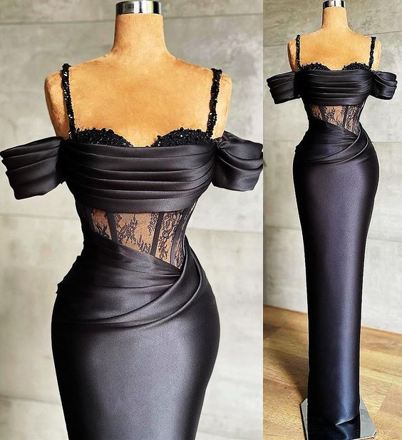 2026 Plus Size Arabic Aso Ebi Black Lace Beaded Formal Prom Dresses Spaghetti Sheath Satin Formal Evening Formal Party Second Reception Gowns