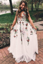 V-Neck Sexy Floral Embroidered Long Formal Prom Dresses