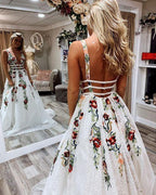V-Neck Sexy Floral Embroidered Long Formal Prom Dresses