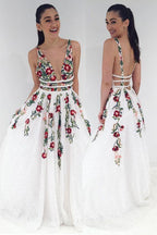 V-Neck Sexy Floral Embroidered Long Formal Prom Dresses