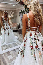 V-Neck Sexy Floral Embroidered Long Formal Prom Dresses