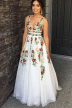 V-Neck Sexy Floral Embroidered Long Formal Prom Dresses