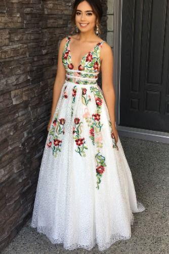 V-Neck Sexy Floral Embroidered Long Formal Prom Dresses