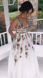 V-Neck Sexy Floral Embroidered Long Formal Prom Dresses