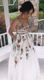 V-Neck Sexy Floral Embroidered Long Formal Prom Dresses