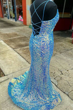 Purple Iridescent Sequin Empire Waist Lace-Up Mermaid Long Dresses with Slit