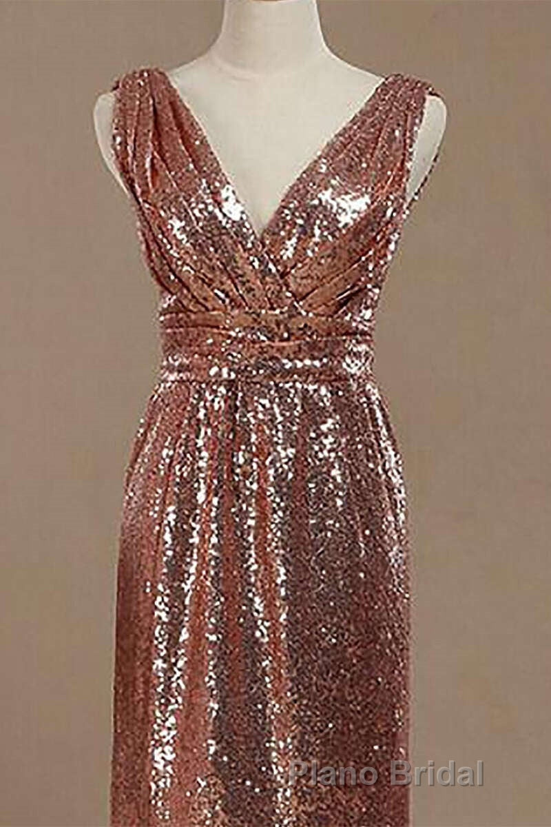 Rose Gold Sequin V-Neck Backless Short Bridesmaid Dresses