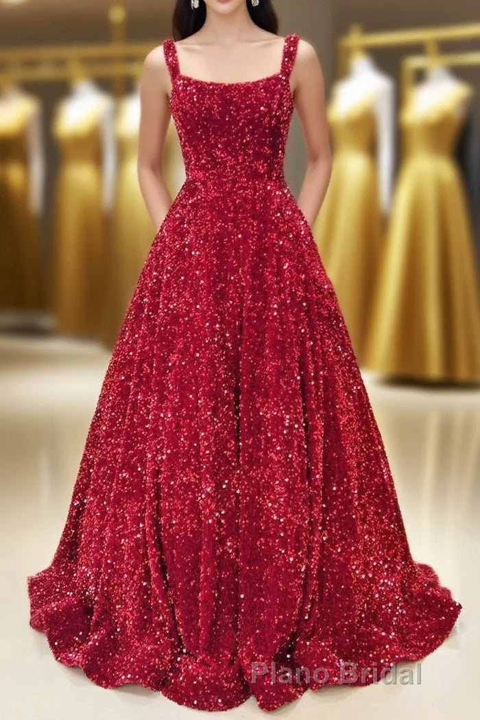 Red Sequin Square Neck Backless A-Line Long Formal Prom Gown Main image