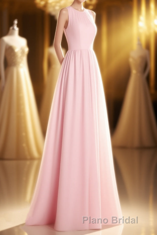 Pink Chiffon Halter Cutout Back A-Line Long Bridesmaid Dresses Main image