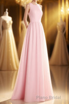 Pink Chiffon Halter Cutout Back A-Line Long Bridesmaid Dresses