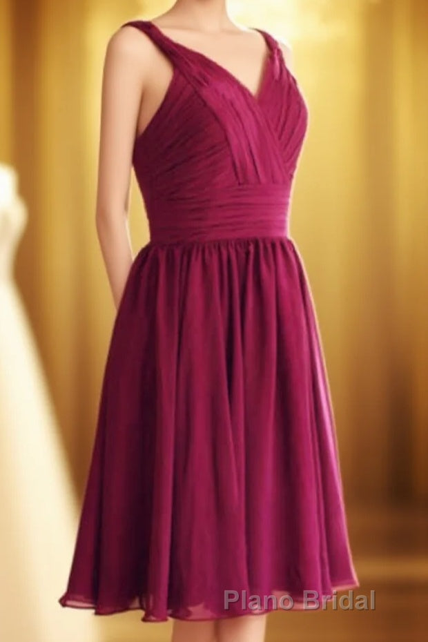 Magenta v-Neck Straps A-Line Short Bridesmaid Dresses