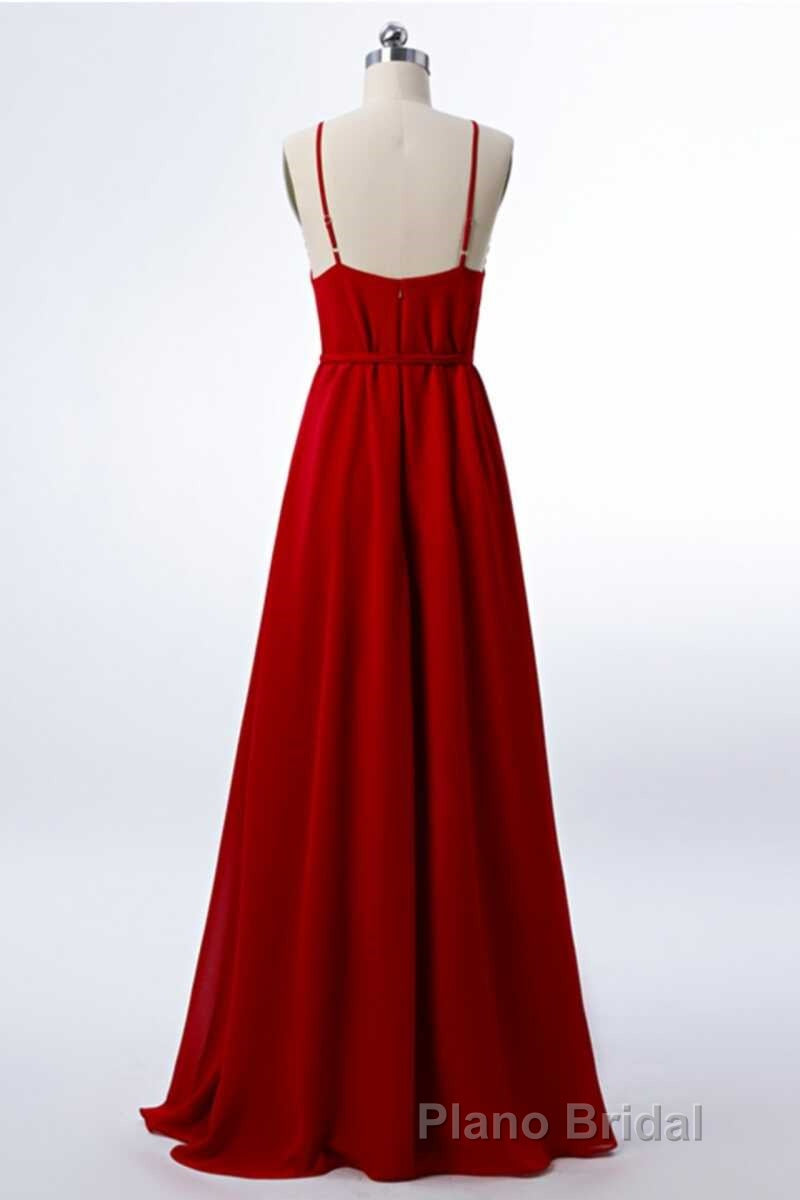 Red Chiffon Spaghetti Straps Backless A-Line Bridesmaid Dresses with Slit