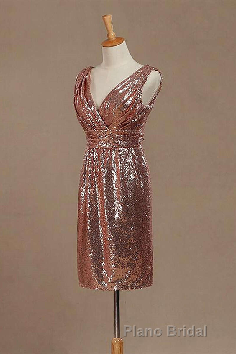 Rose Gold Sequin V-Neck Backless Short Bridesmaid Dresses Secondary image